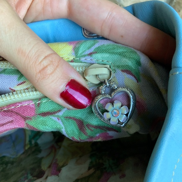 Vintage BRIGHTON Blue Smooth Leather Heart Stitched Small Tote Purse Romantic - Picture 6 of 16